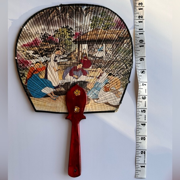 Vintage Asian Japanese Wooden Non-folding Fan Beautiful Paintings on Both Sides - Picture 3 of 9